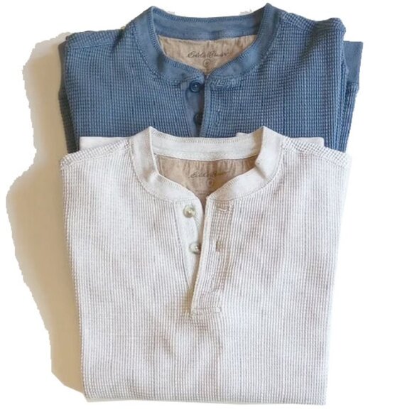 SET OF 2 100% Cotton Heavyweight Waffle Knit Long Sleeve Henley Button Shirt M - Picture 1 of 10